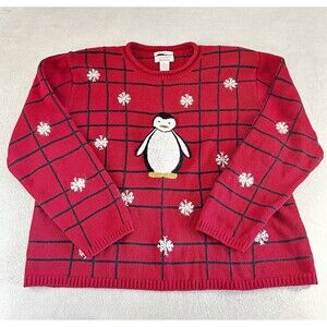 CHRISTOPHER & BANKS Sweater Women's XL Red Snowman Hand Embroidered Christmas